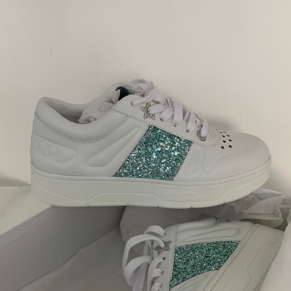 Jimmy Choo Hawaii F leather sneakers, white/Miami mint NEW